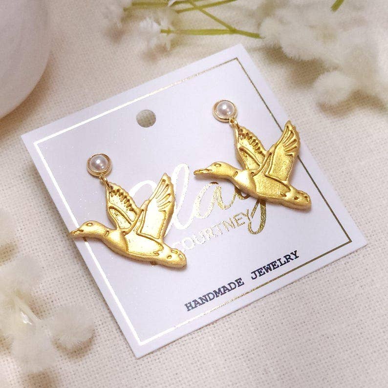 Gold Mallard Polymer Clay Earrings, Pearl Studs