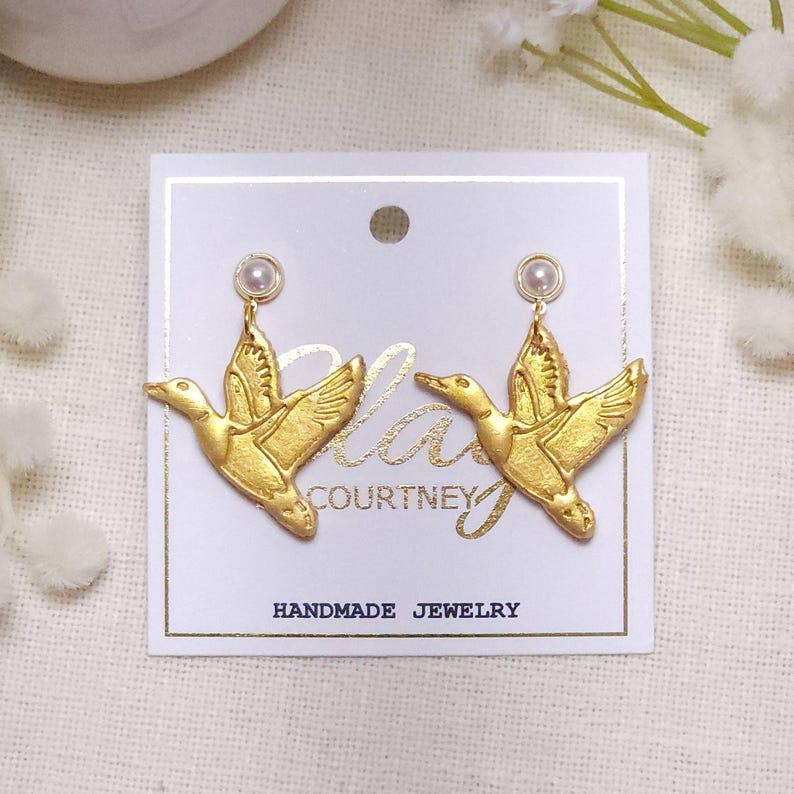 Gold Mallard Polymer Clay Earrings, Pearl Studs