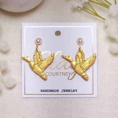 Gold Mallard Polymer Clay Earrings, Pearl Studs