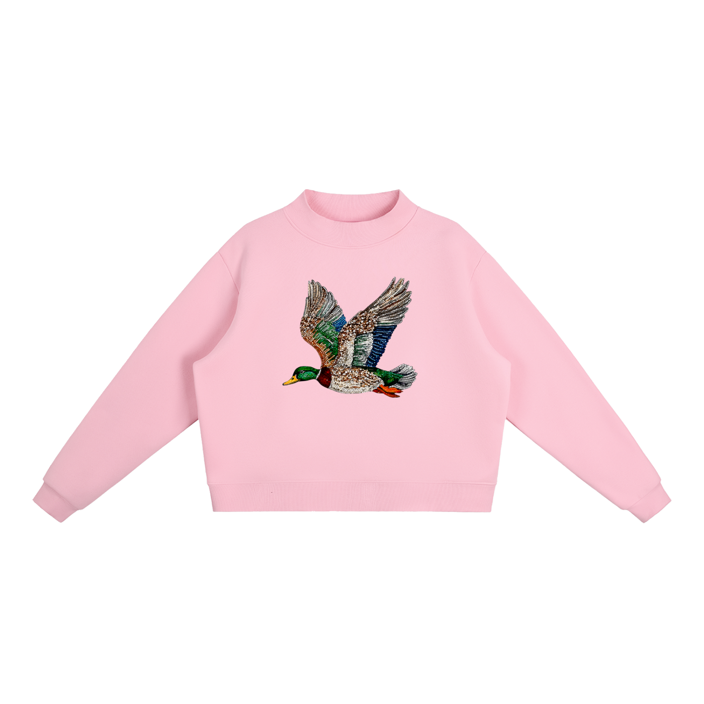 Faux Rhinestone Mallard Fleece Mock-Neck Sweatshirt