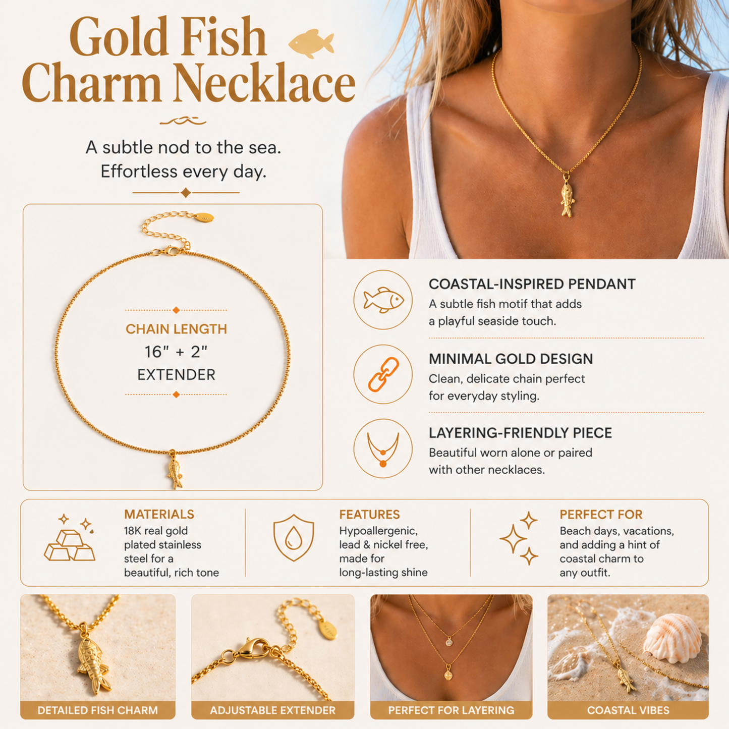 Golden Fish Pendant Necklace - Waterproof