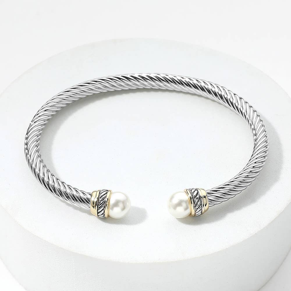 Pearl Tip Two Tone Twisted Metal Cuff Bracelet