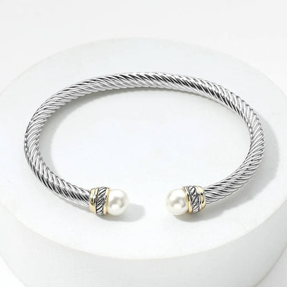 Pearl Tip Two Tone Twisted Metal Cuff Bracelet