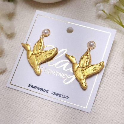 Gold Mallard Polymer Clay Earrings, Pearl Studs