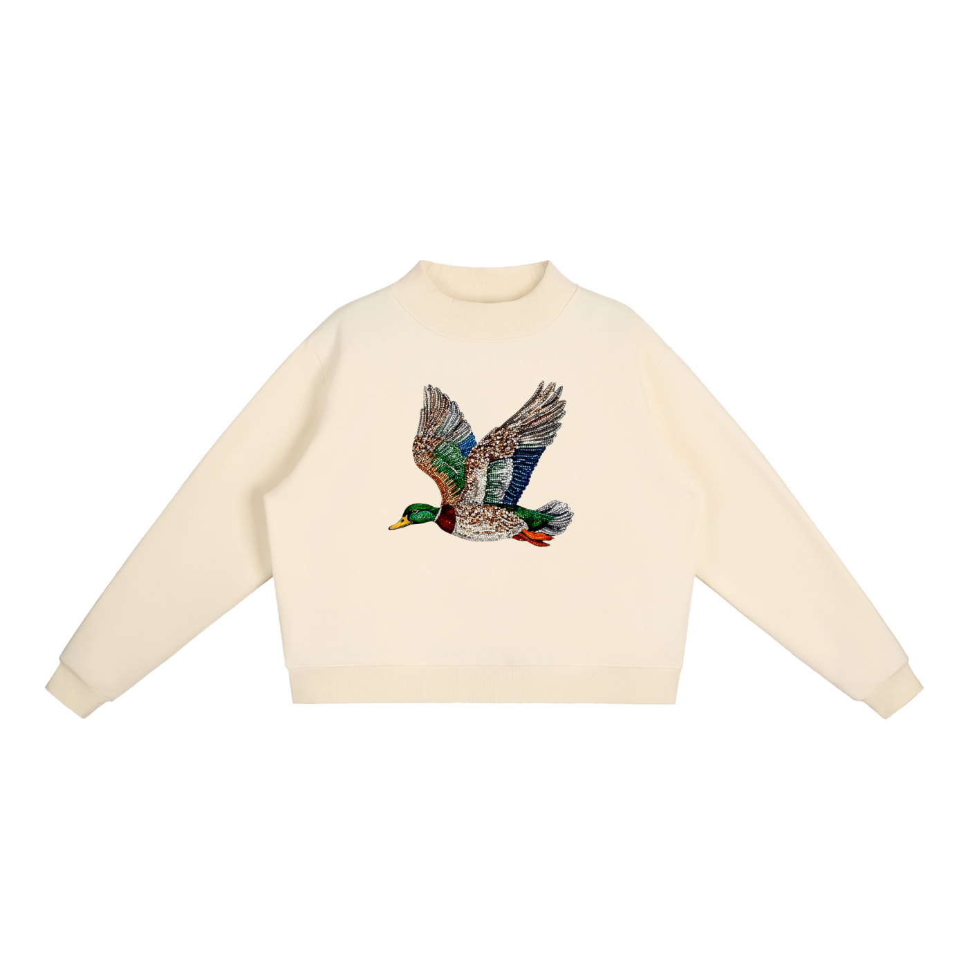 Faux Rhinestone Mallard Fleece Mock-Neck Sweatshirt