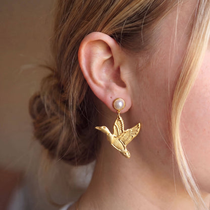 Gold Mallard Polymer Clay Earrings, Pearl Studs