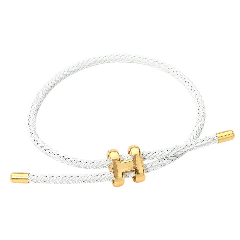 H Monogram Charm Accent Braided Cord Adjustable Slide Bracelet: White