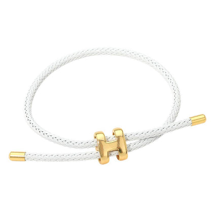 H Monogram Charm Accent Braided Cord Adjustable Slide Bracelet: White