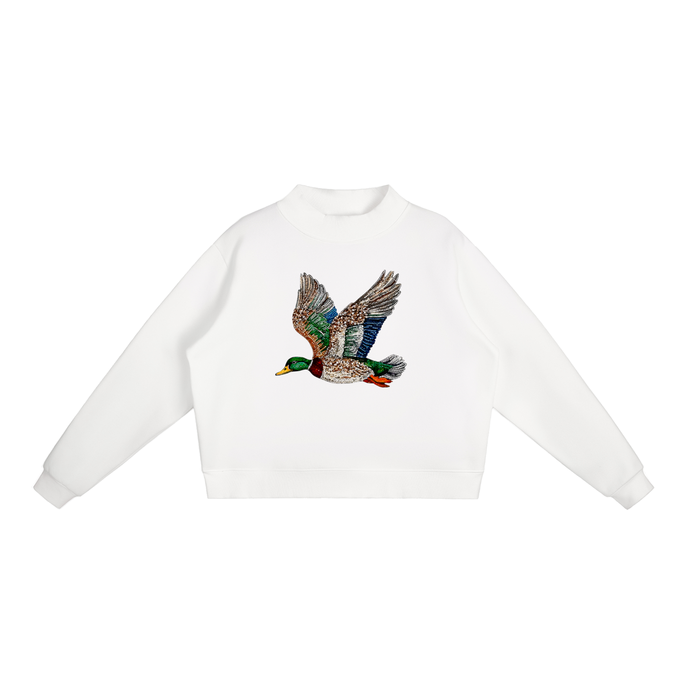 Faux Rhinestone Mallard Fleece Mock-Neck Sweatshirt