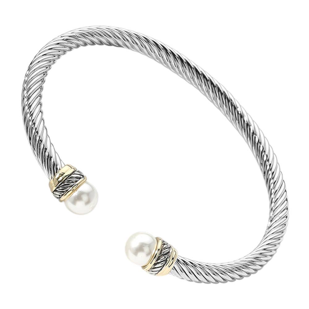 Pearl Tip Two Tone Twisted Metal Cuff Bracelet