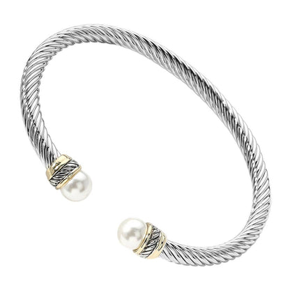 Pearl Tip Two Tone Twisted Metal Cuff Bracelet