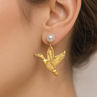 Gold Mallard Polymer Clay Earrings, Pearl Studs